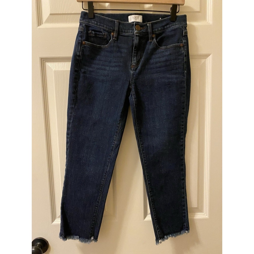 Loft Womens Skinny Crop Jeans Size 0 Petite Dark Wash Frayed Hem